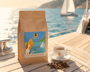 Sachet du Mélange LMC, café 100% Arabica aux notes de noisette, design Art Déco inspiré de la Côte d'Azur