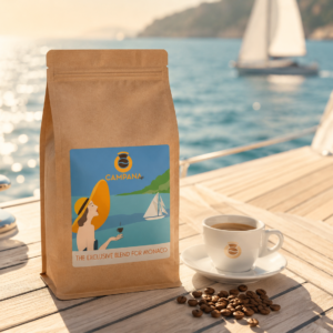 Sachet du Mélange LMC, café 100% Arabica aux notes de noisette, design Art Déco inspiré de la Côte d'Azur